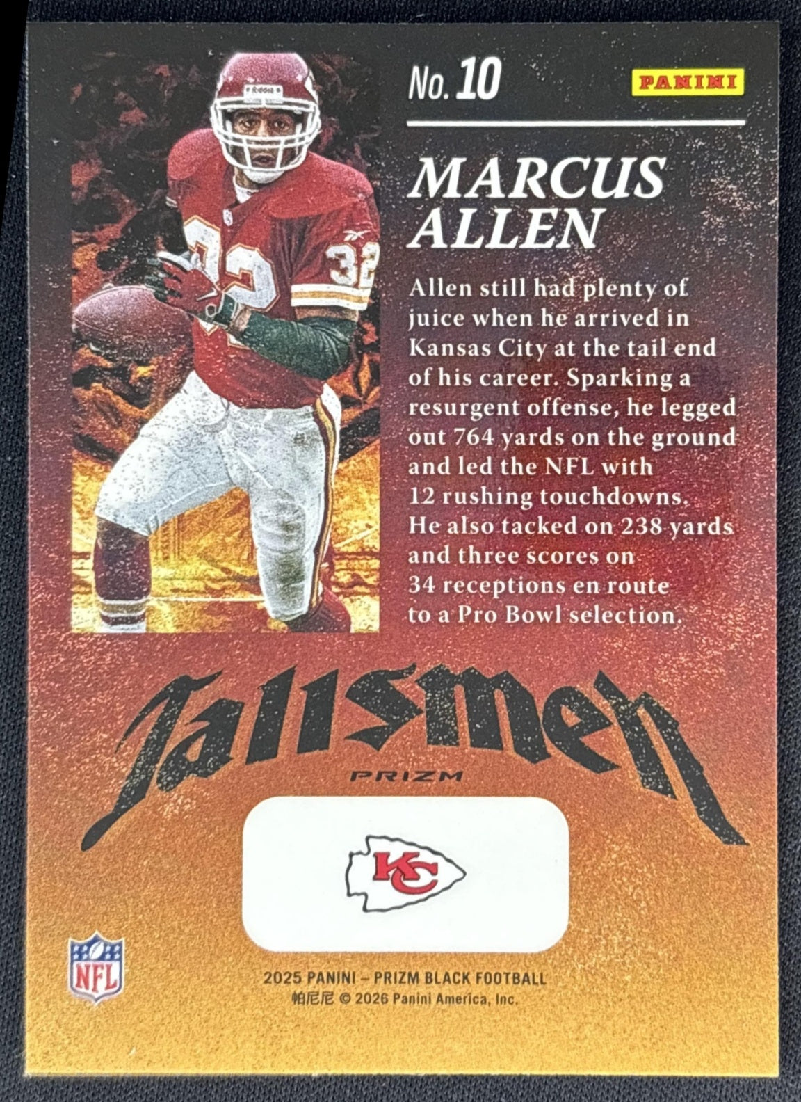 Marcus Allen 2025 Panini Prizm Black Talismen Silver Chiefs back