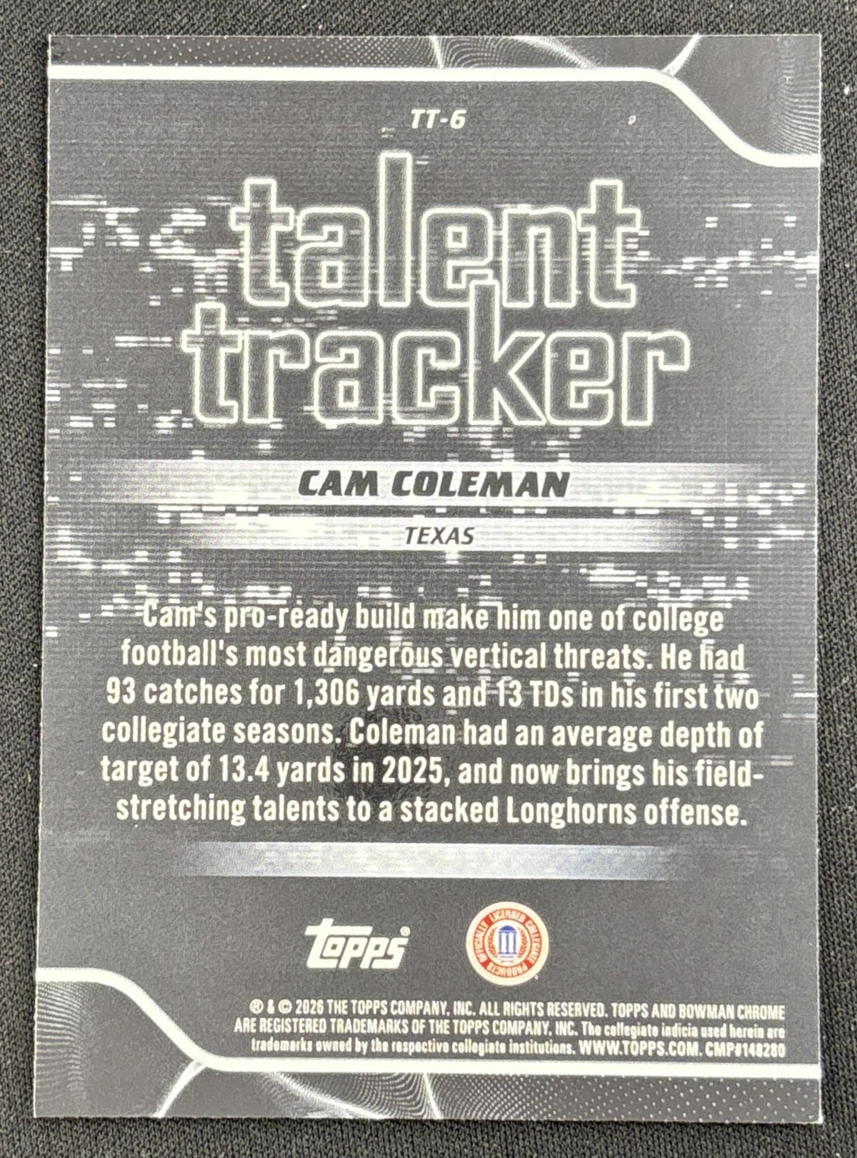Cam Coleman 2026 Bowman Talent Tracker Longhorns back