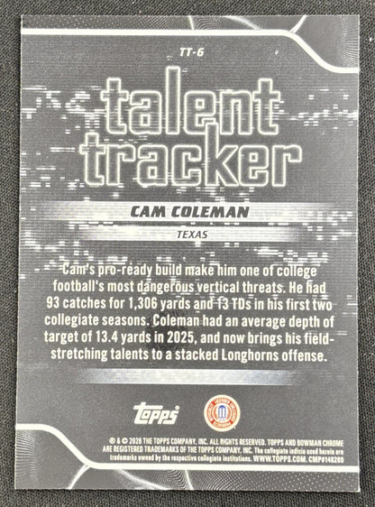 Cam Coleman 2026 Bowman Talent Tracker Longhorns back
