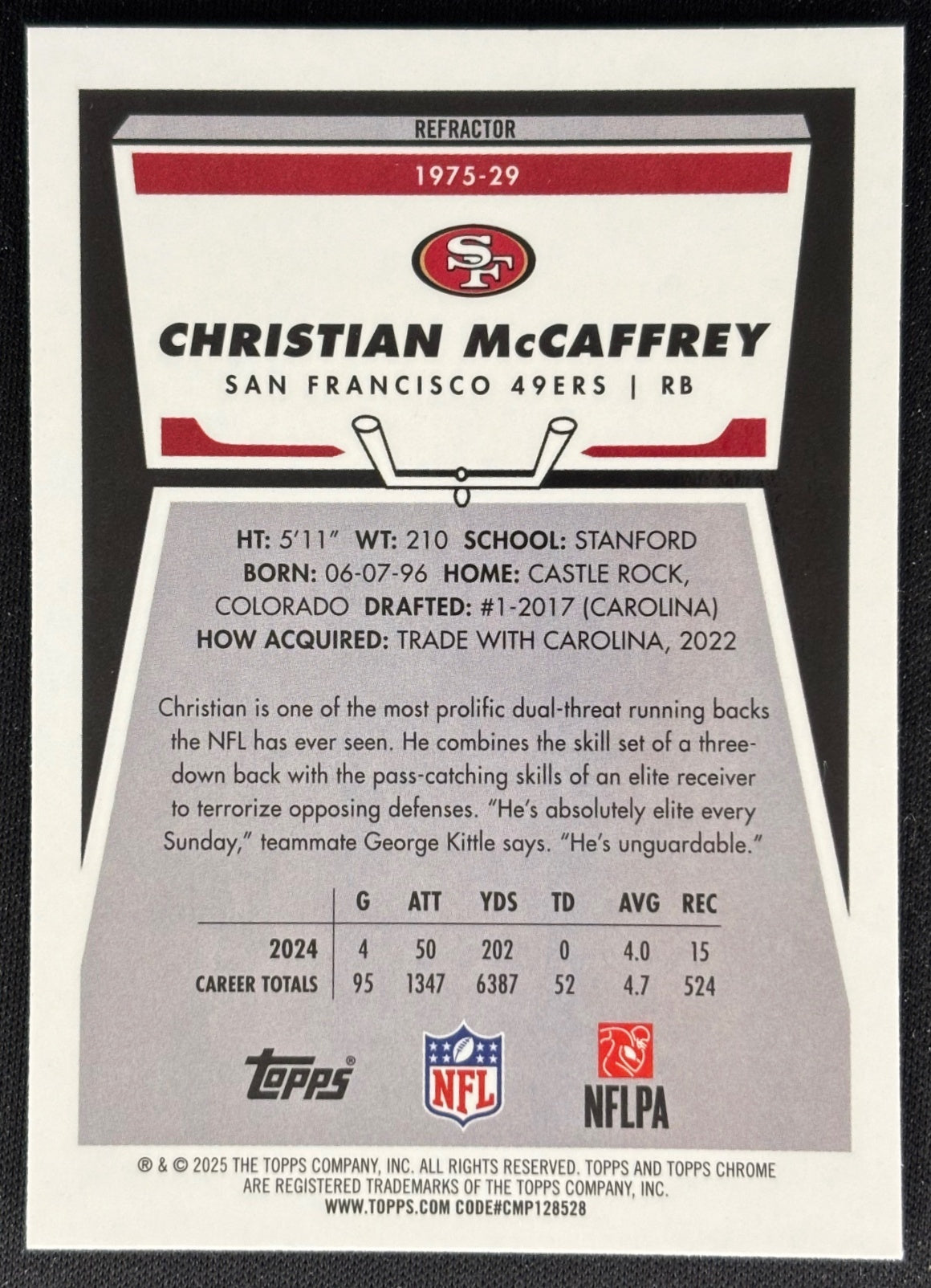 Christian McCaffrey 2025 Chrome 1975 Topps Refractor 49ers Sports Trading Cards