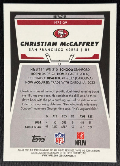 Christian McCaffrey 2025 Chrome 1975 Topps Refractor 49ers Sports Trading Cards