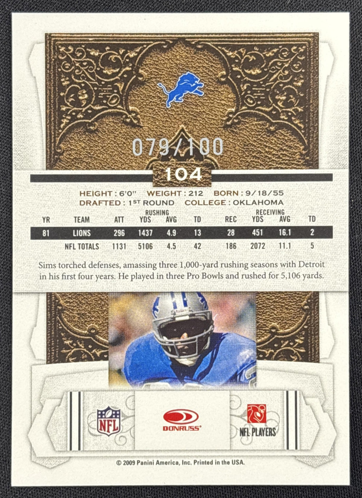 Billy Sims 2009 Panini Donruss Classics Timeless Tributes Silver /100 Lions