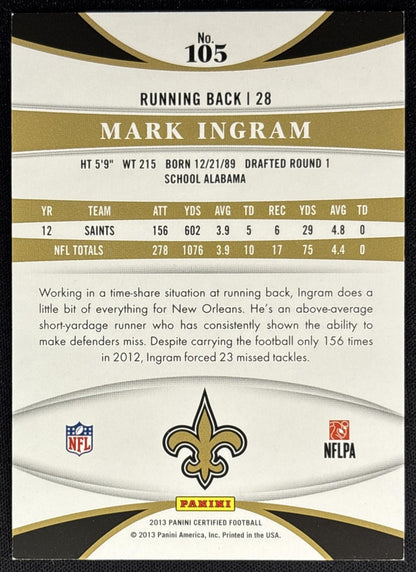 Mark Ingram 2013 Panini Certified Mirror Red /250 Saints back