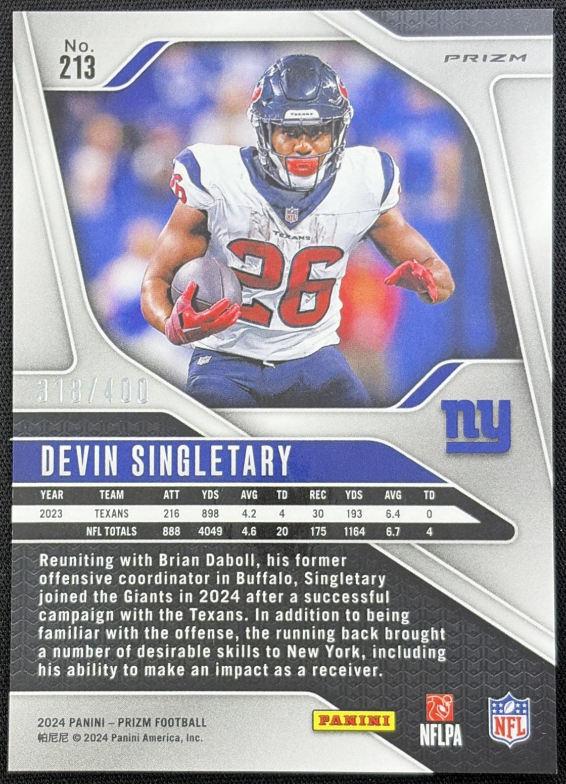 Devin Singletary 2024 Panini Prizm Pandora /400 Giants