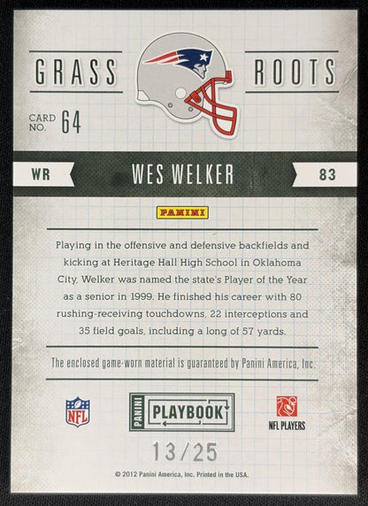 Wes Welker 2011 Panini Playbook Grass Roots Materials Prime /25 Patriots back