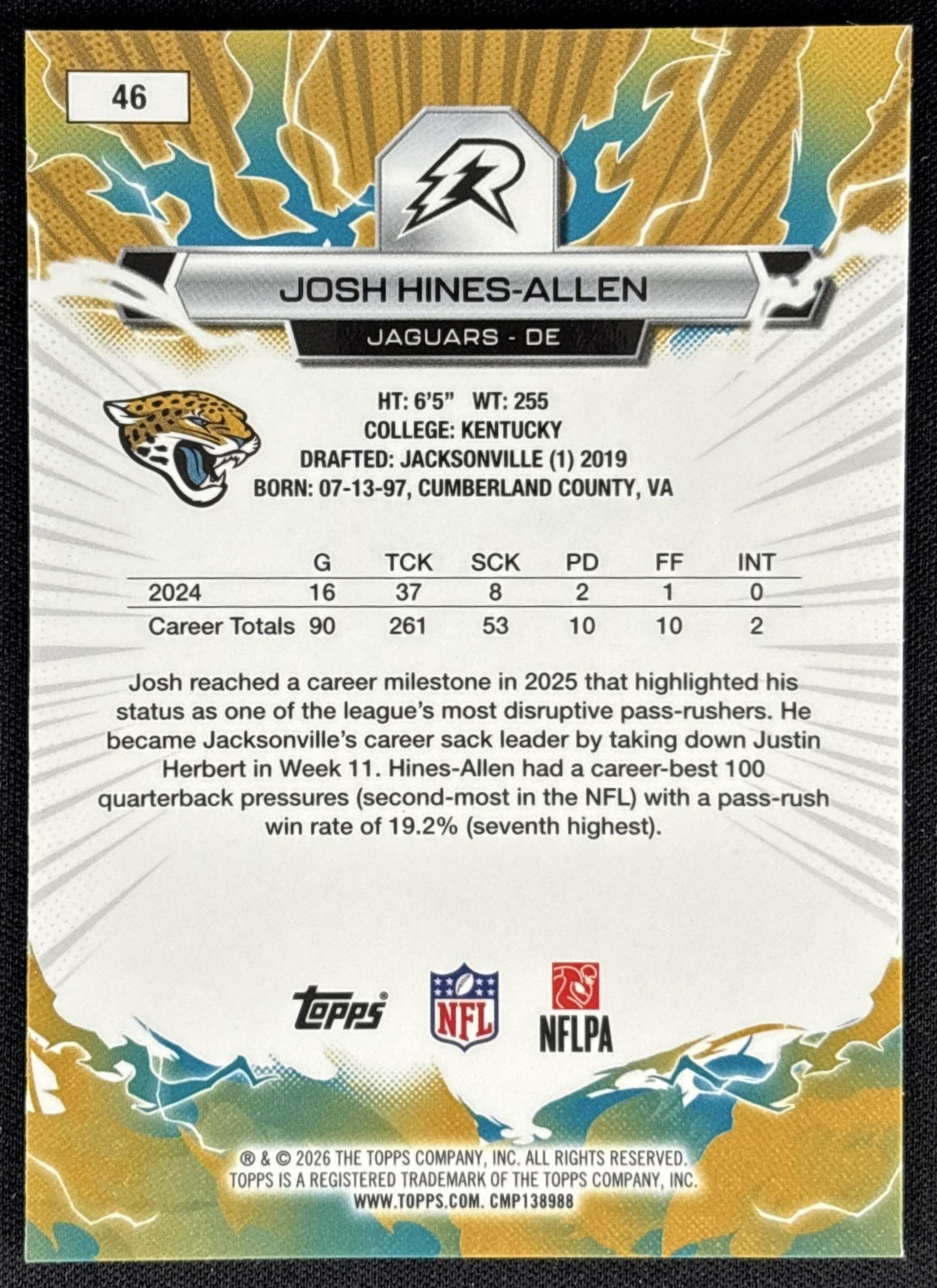 Josh Hines-Allen 2025 Topps Resurgence Blue and Orange Spark Refractor Jaguars