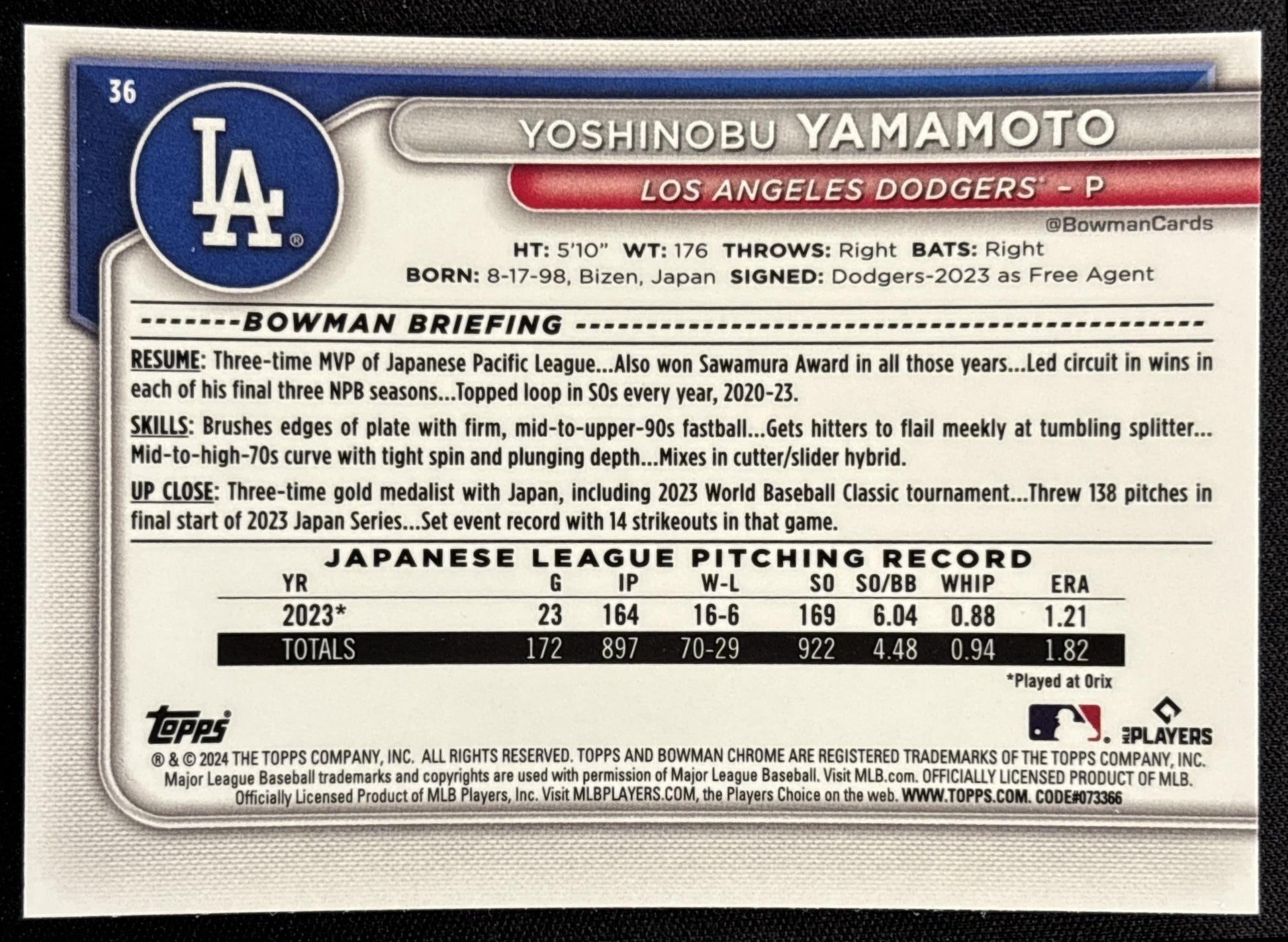 Yoshinobu Yamamoto 2024 Bowman Mega Box Mojo Refractor Dodgers - back
