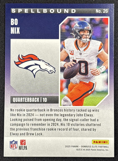 Bo Nix 2025 Panini Donruss Elite Spellbound Lavender /799 Broncos