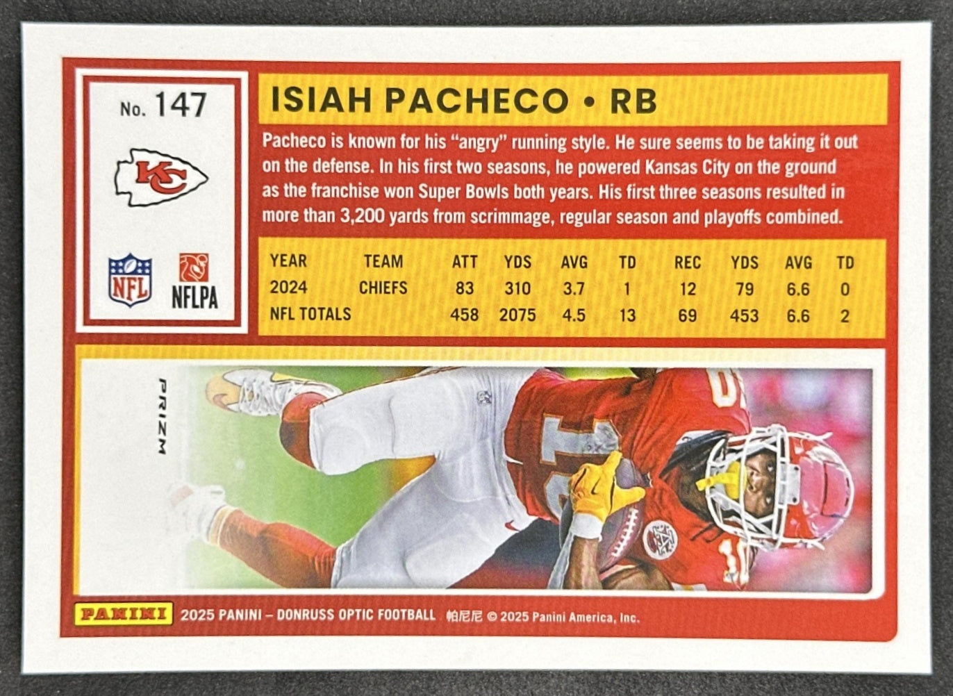 Isiah Pacheco 2025 Panini Donruss Optic Holo Prizm Chiefs Back