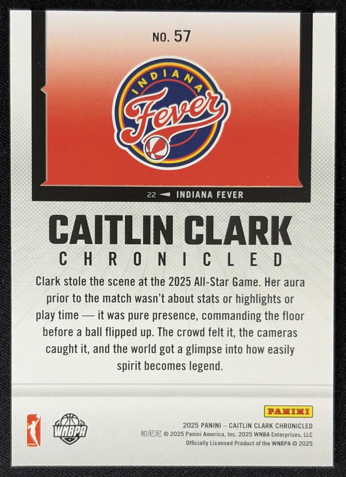 Caitlin Clark 2025 Panini Chronicled Life Style Holo Fever 57 Indiana Fever Sports Trading Card