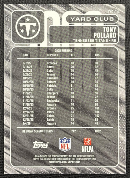 Tony Pollard 2026 Topps 1000 Yard Club Blue Foil /150 Titans
