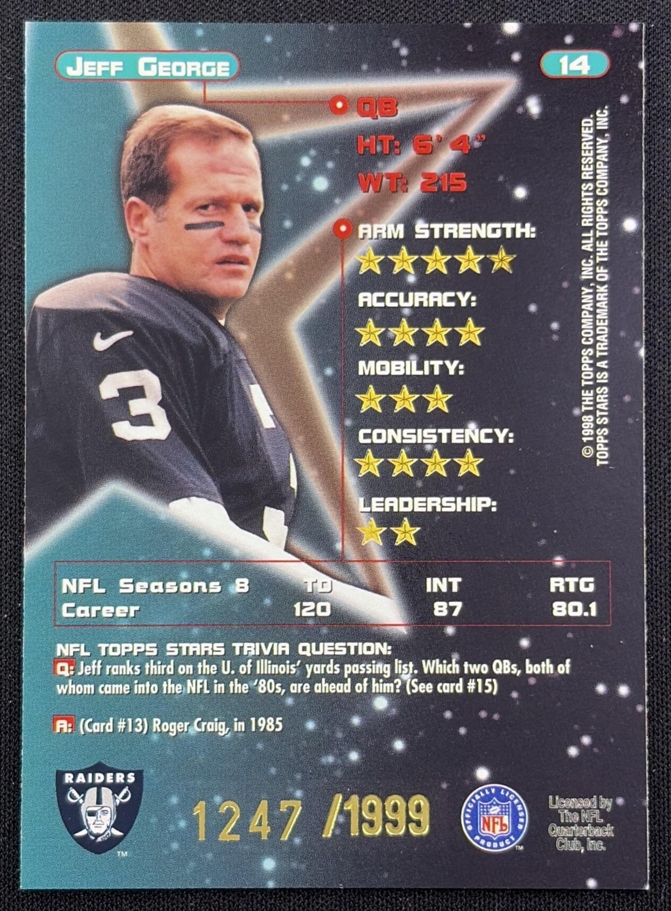 Jeff George 1998 Topps Stars Gold Star /1999 Raiders back