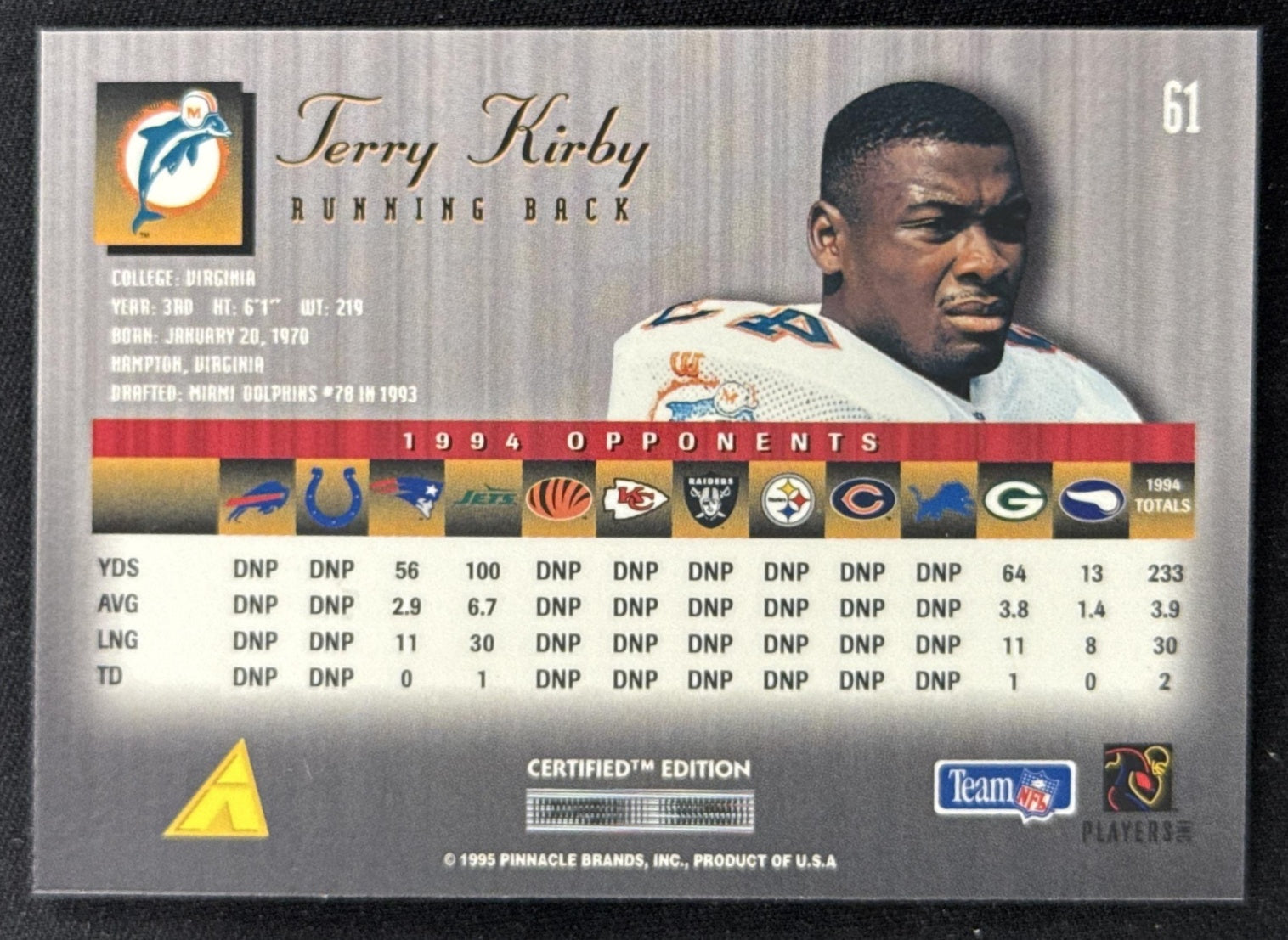 Terry Kirby 1995 Pinnacle Select Certified Dolphins