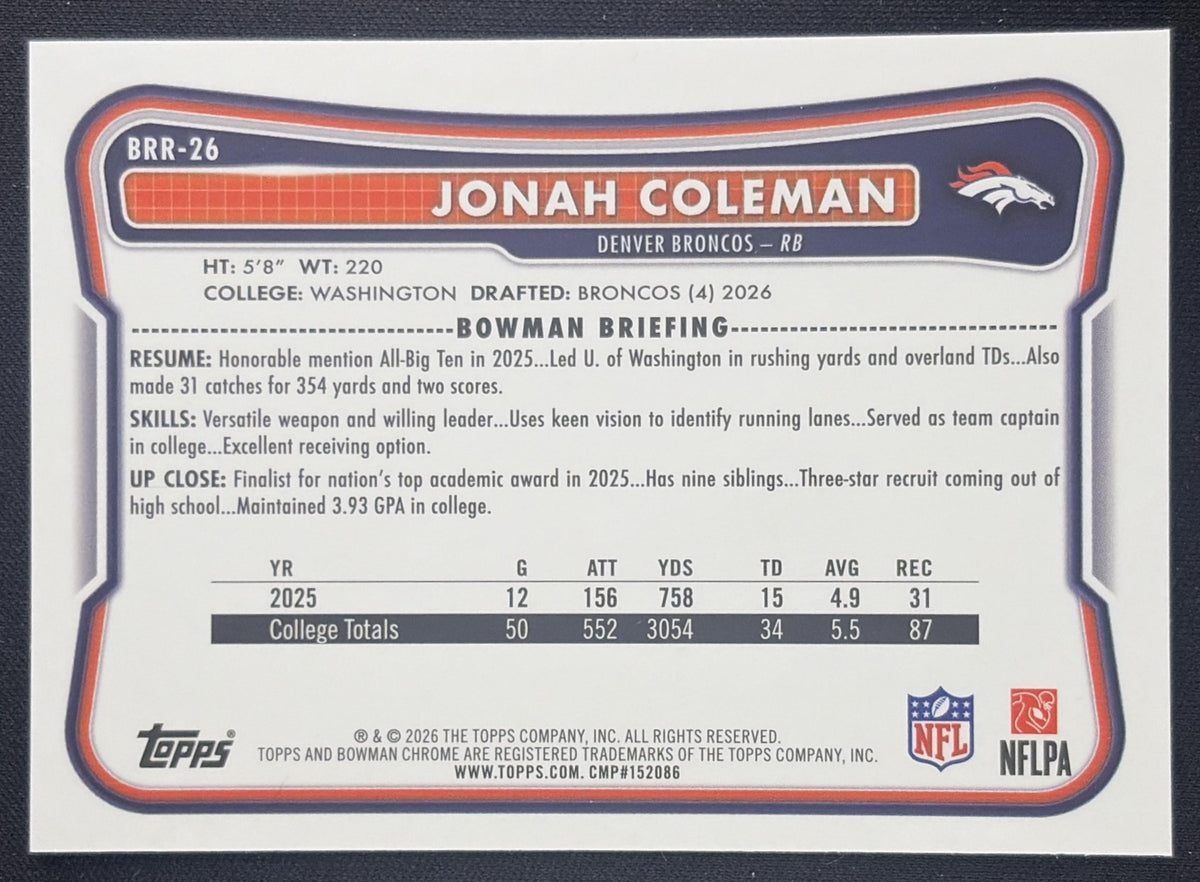 Jonah Coleman 2026 Bowman Chrome Red RC Variation Broncos Rookie Sports Trading Card