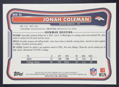 Jonah Coleman 2026 Bowman Chrome Red RC Variation Broncos Rookie Sports Trading Card