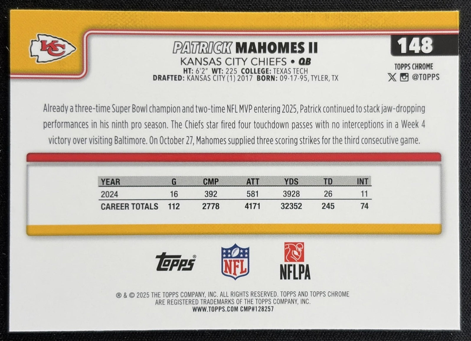 Patrick Mahomes II 2025 Topps Chrome RayWave Refractor Chiefs Kansas City Chiefs