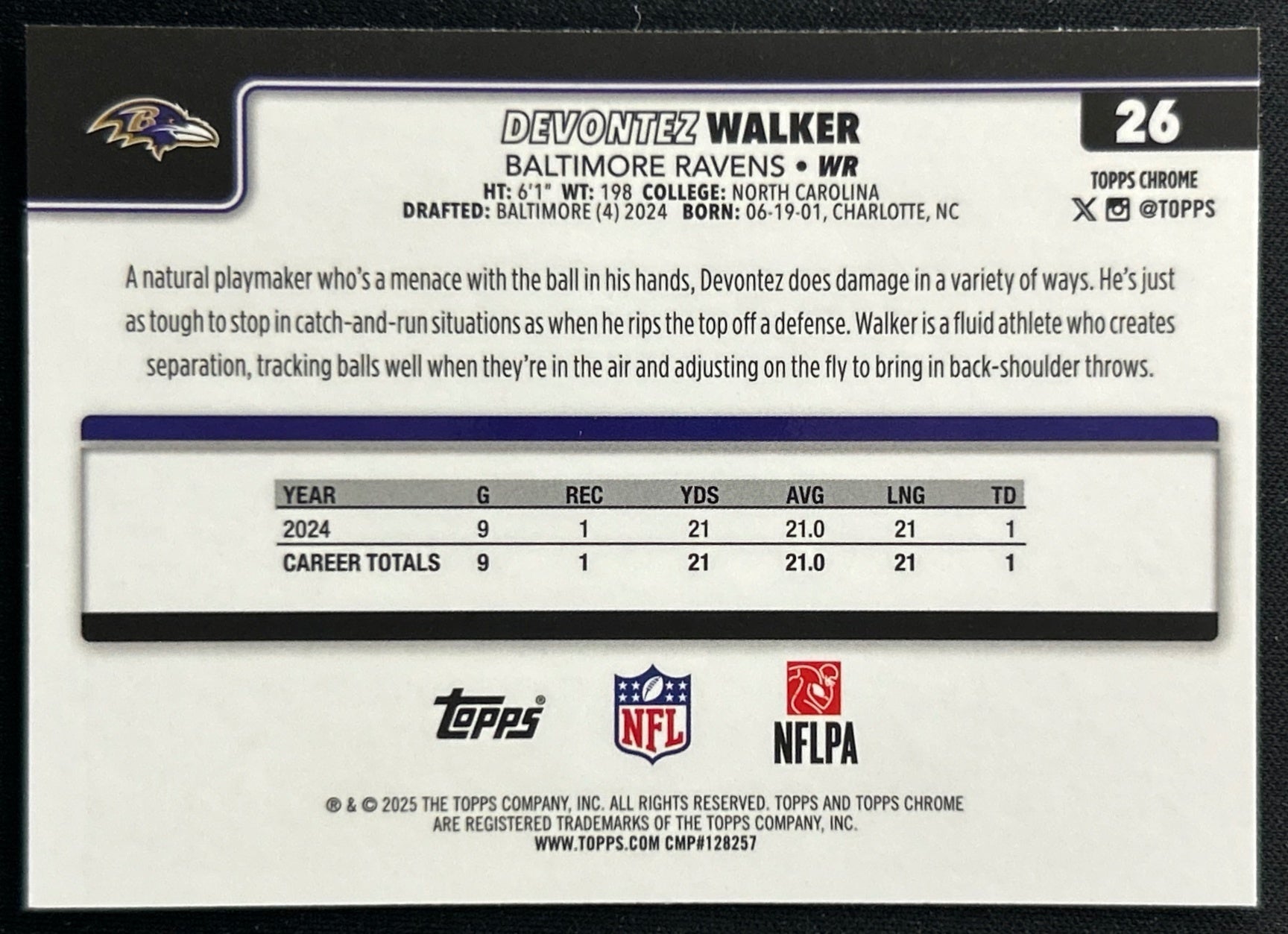 Devontez Walker 2025 Topps Chrome Ravens Sports Trading Cards