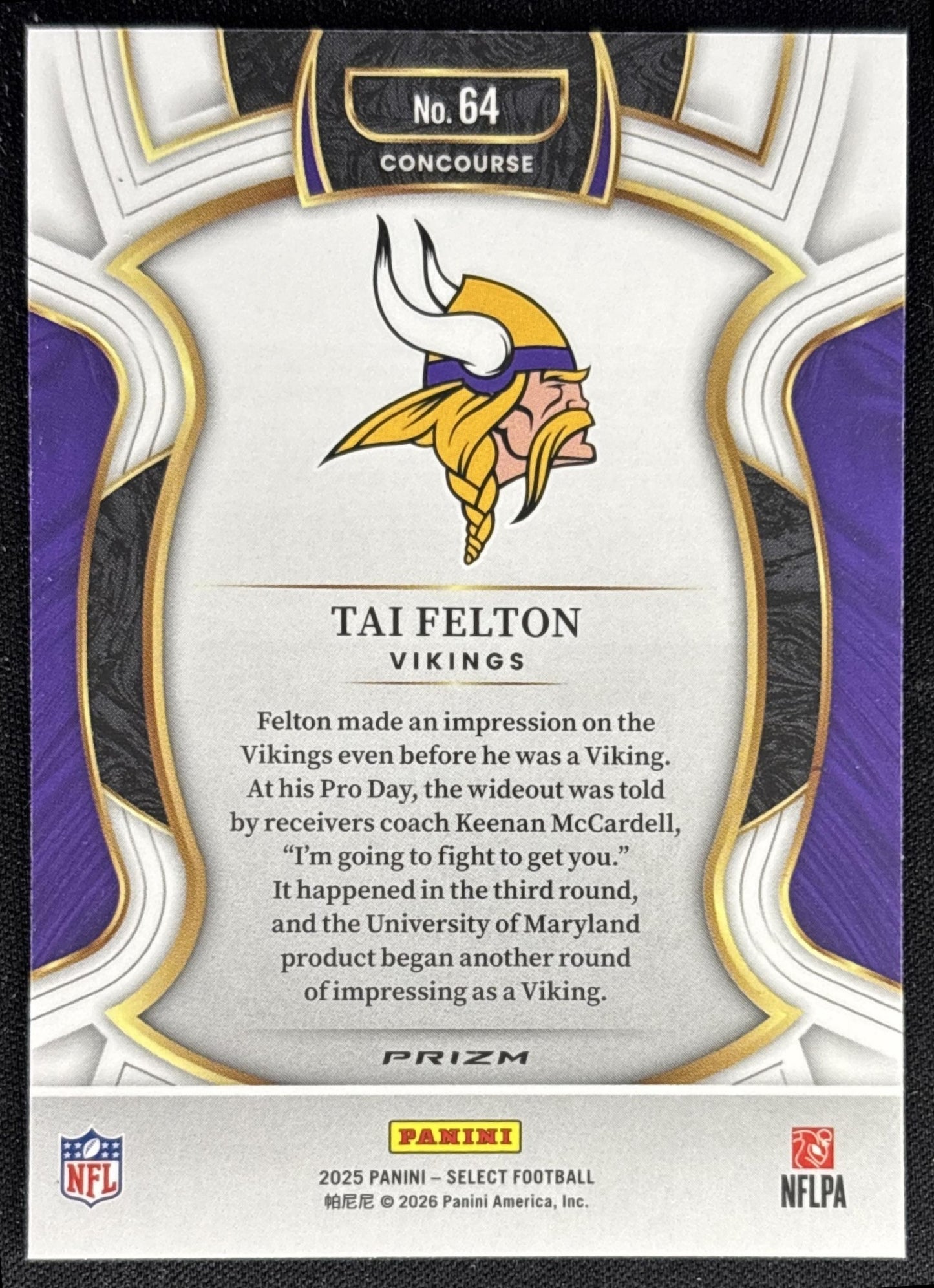Tai Felton 2025 Panini Select Concourse Pink Prizm Shock Vikings back