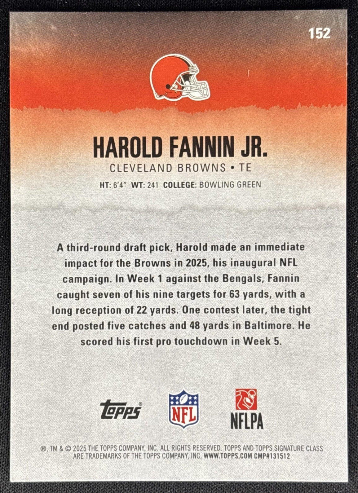 Harold Fannin Jr. 2025 Topps Signature Class Rookie Browns back