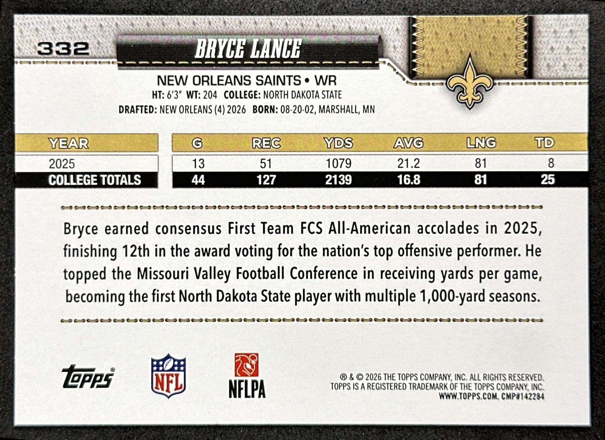 Bryce Lance 2026 Topps Flagship Rookie Saints Sports Trading Cards