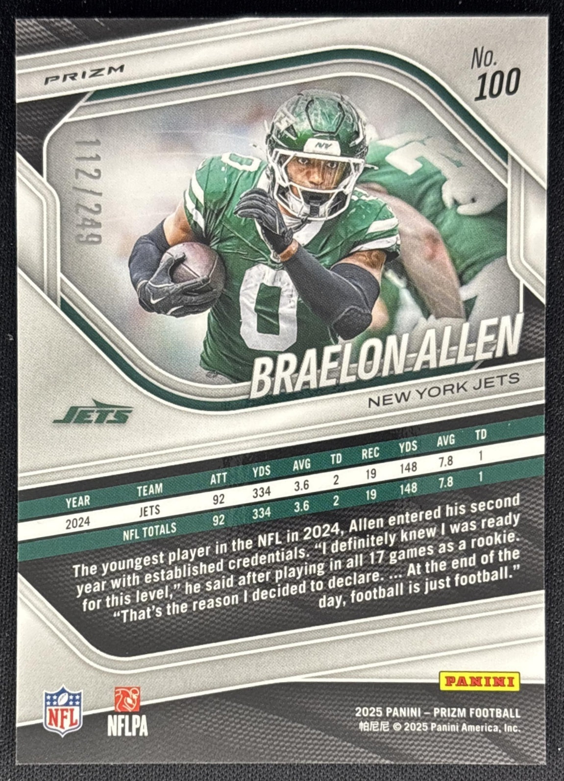 Braelon Allen 2025 Panini Prizm Orange /249 Jets back
