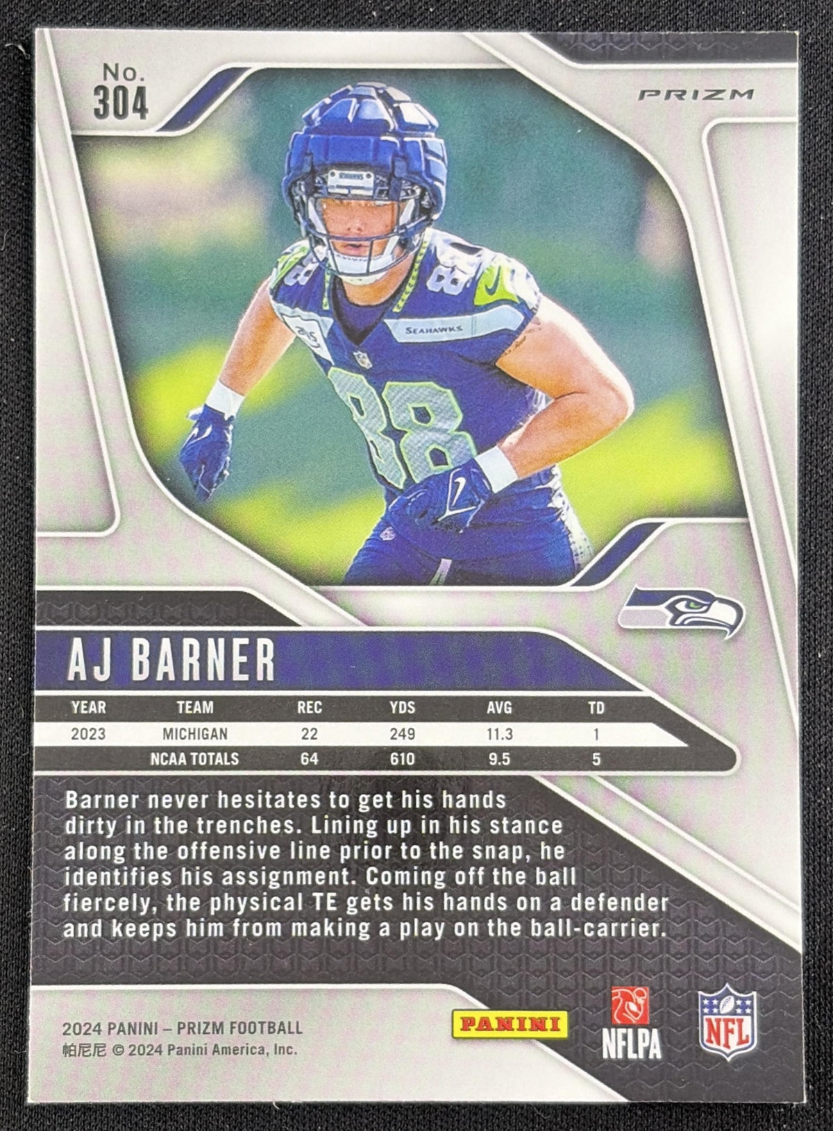 AJ Barner 2024 Panini Prizm Silver Seahawks Sports Trading Card