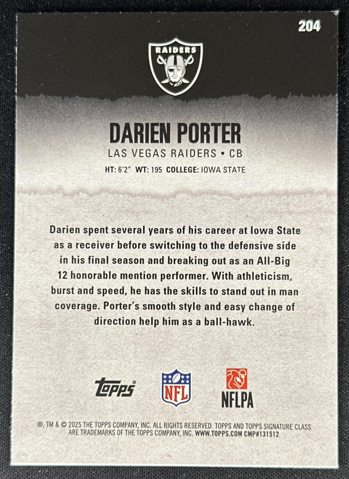 Darien Porter 2025 Topps Signature Class Yellow Rookie Raiders back