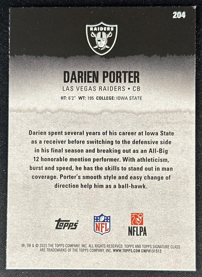 Darien Porter 2025 Topps Signature Class Yellow Rookie Raiders back