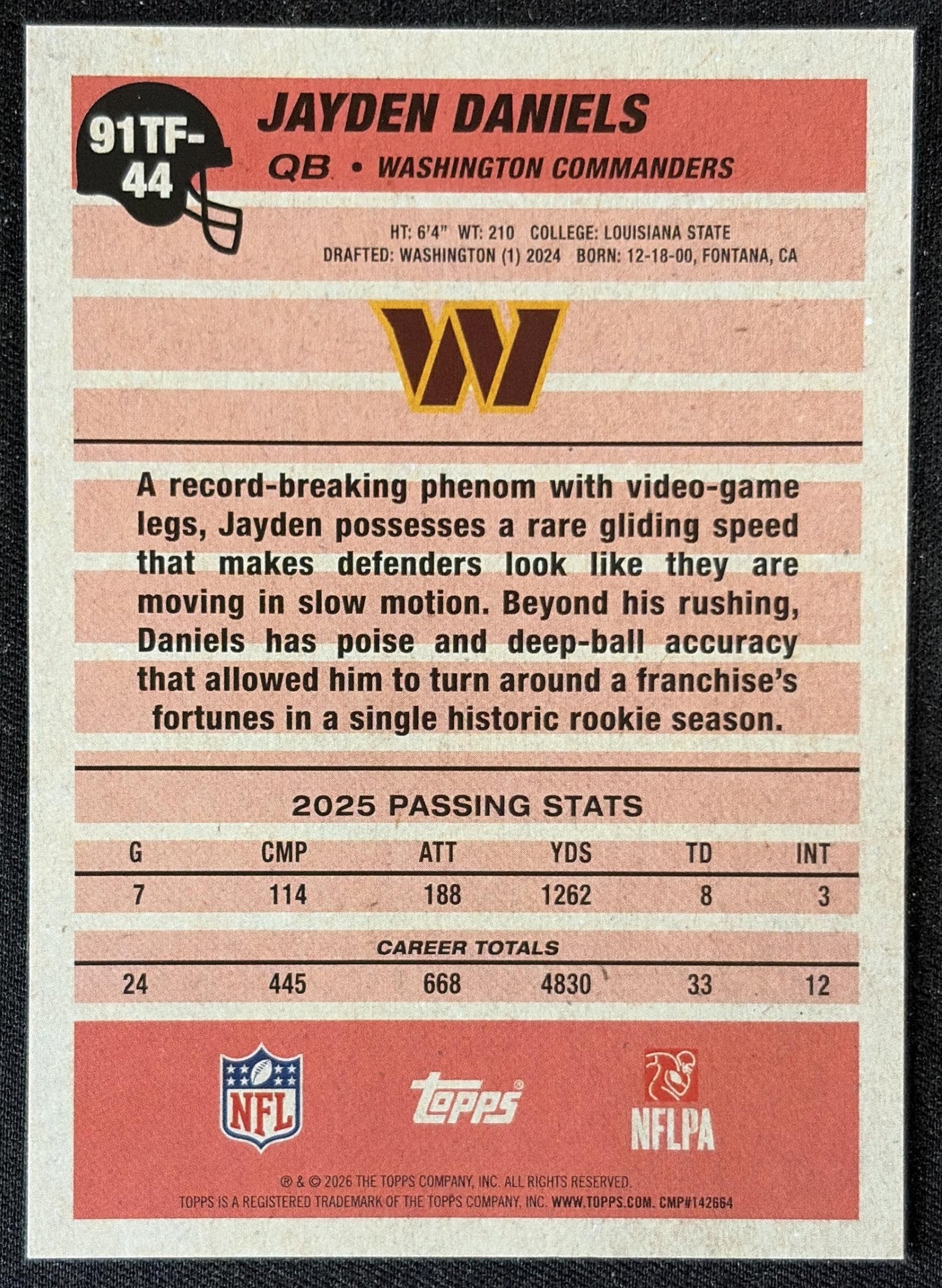 Jayden Daniels 2026 Topps 1991 Commanders back