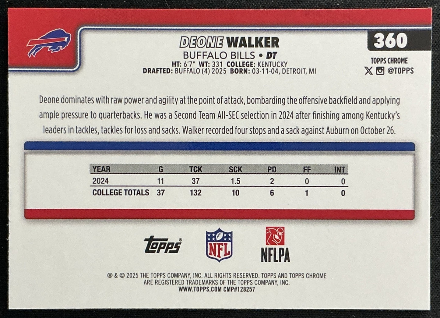 Deone Walker 2025 Topps Chrome Rookie Bills Sports Trading Cards