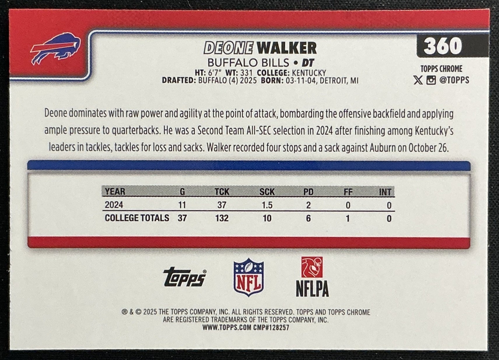 Deone Walker 2025 Topps Chrome Rookie Bills Sports Trading Cards