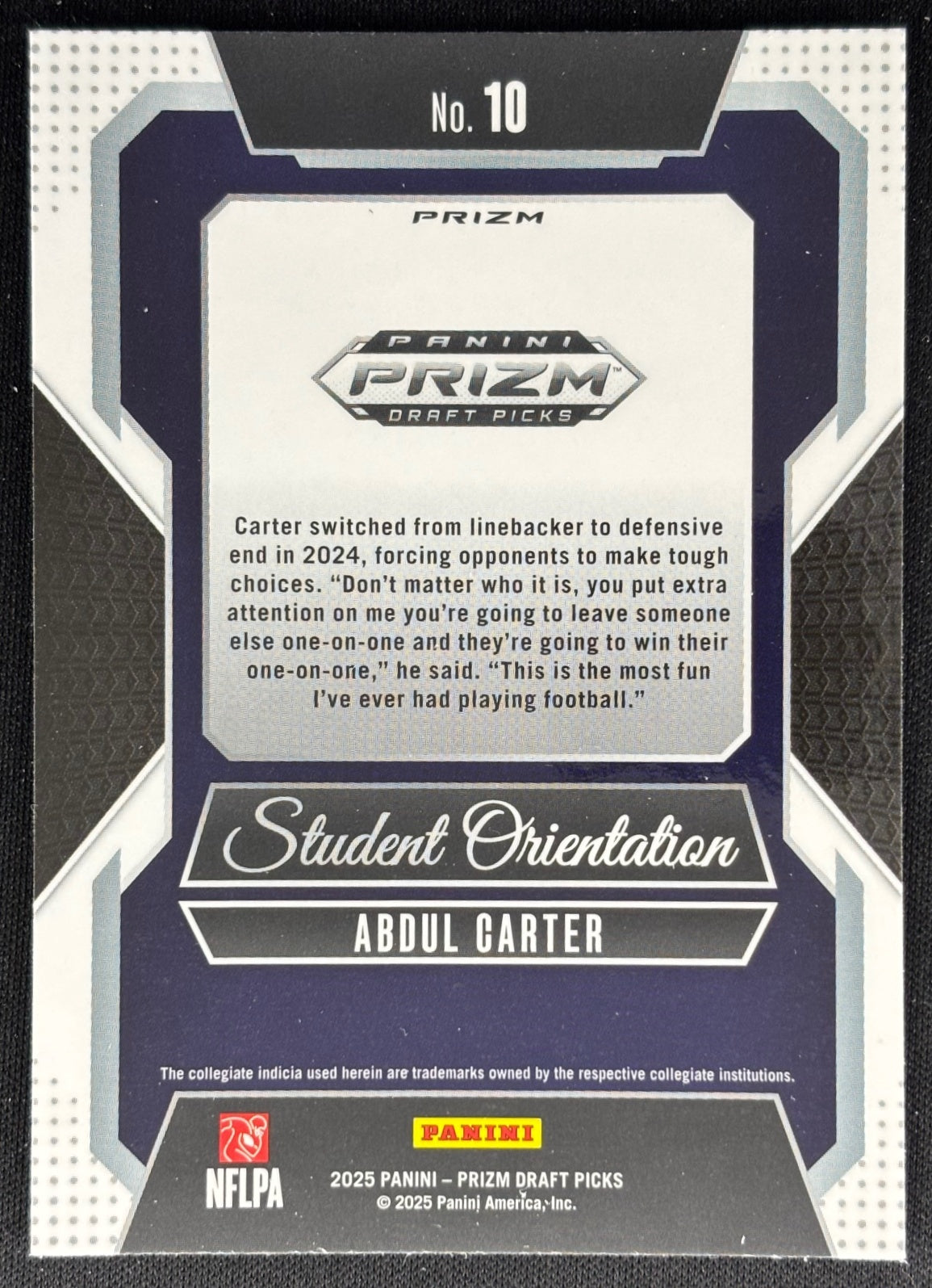 Abdul Carter 2025 Prizm Draft Picks Student Orientation Gold Ice Nittany Giants Sports Trading Cards