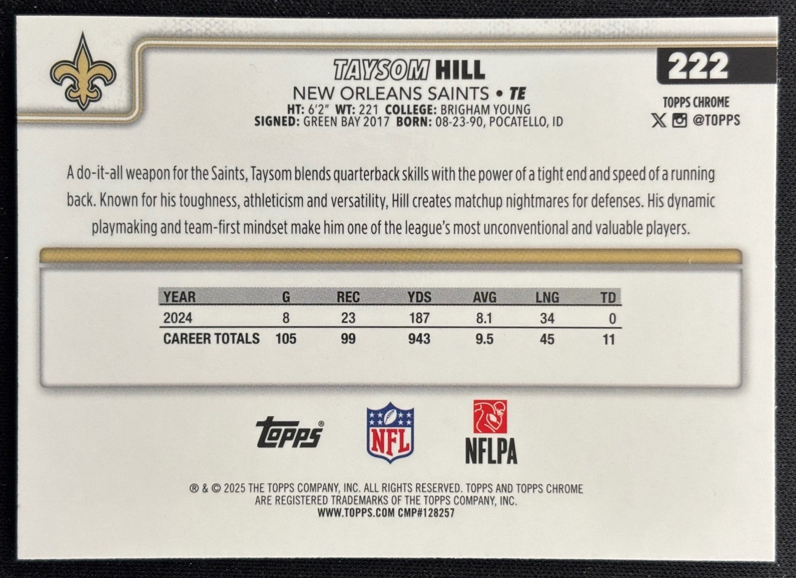 Taysom Hill 2025 Topps Chrome Pink Wave Refractor /250 Saints