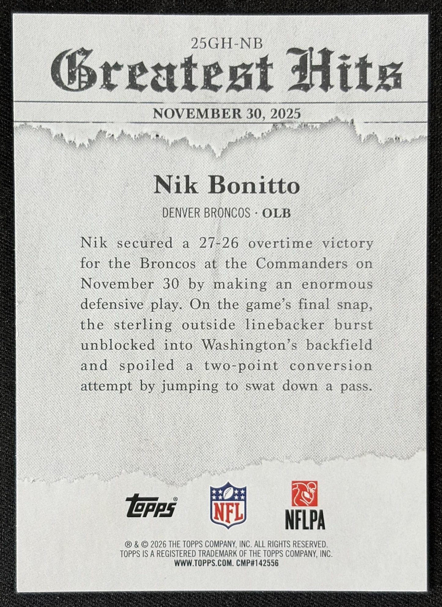 Nik Bonitto 2026 Topps 2025 Greatest Hits Broncos back