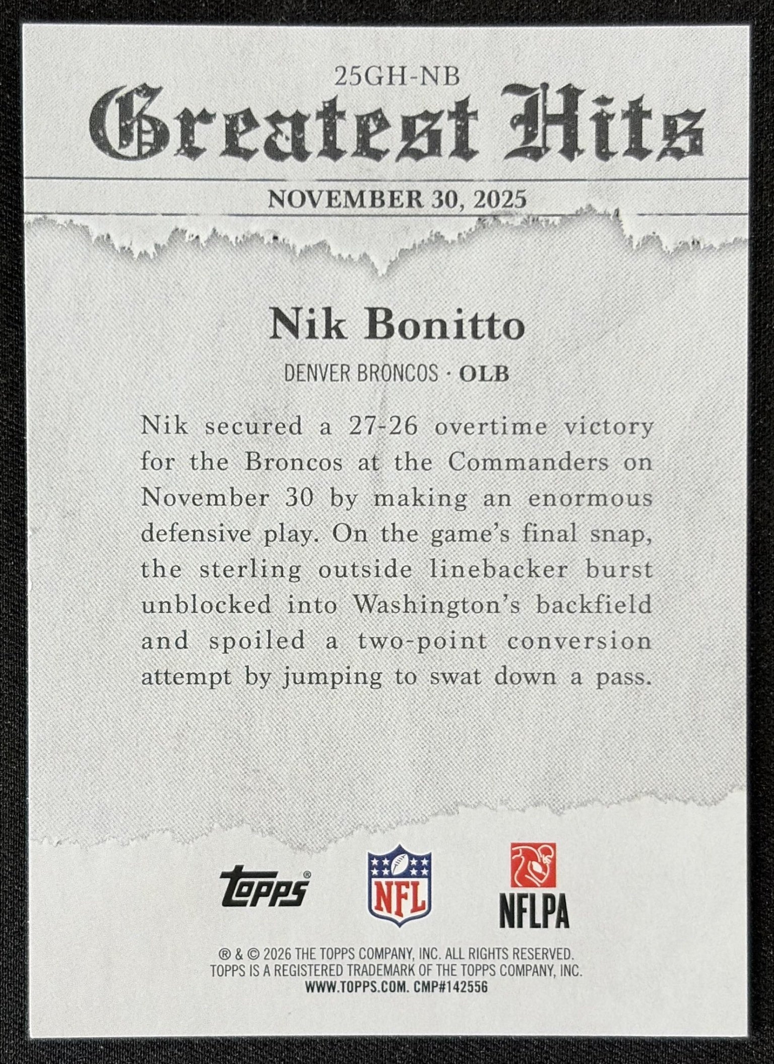 Nik Bonitto 2026 Topps 2025 Greatest Hits Broncos back