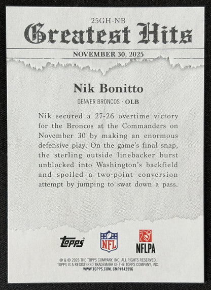 Nik Bonitto 2026 Topps 2025 Greatest Hits Broncos back