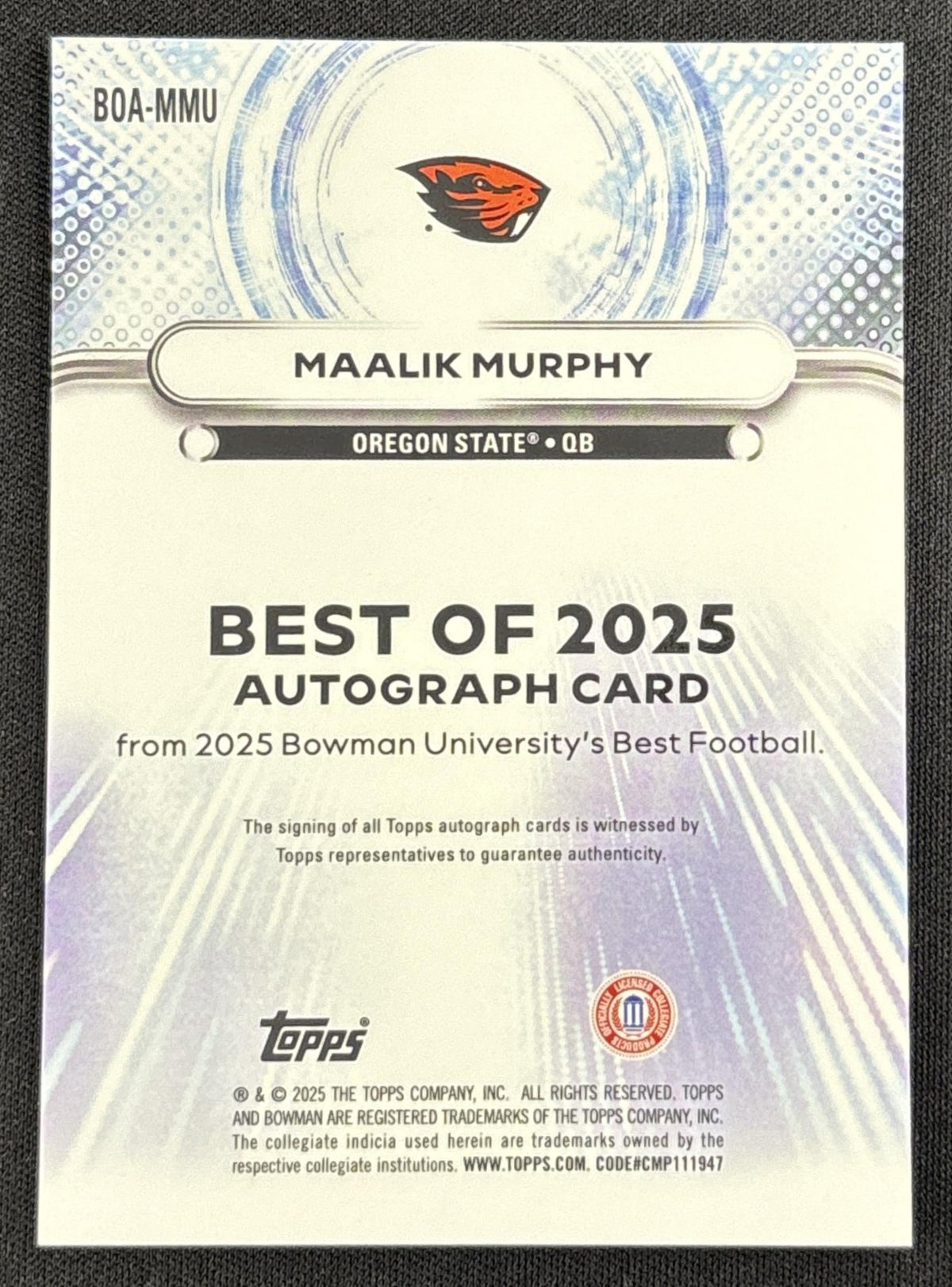 Maalik Murphy 2025 Bowman Best University The Best of Auto Purple Lava Refractor /75 Beavers Sports Trading Card