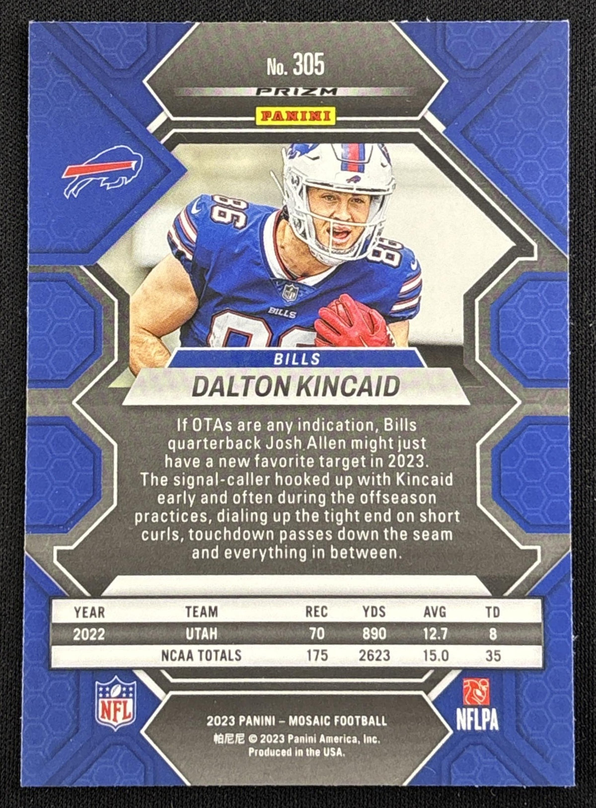 Dalton Kincaid 2023 Panini Mosaic Reactive Yellow Mosaic Bills - back