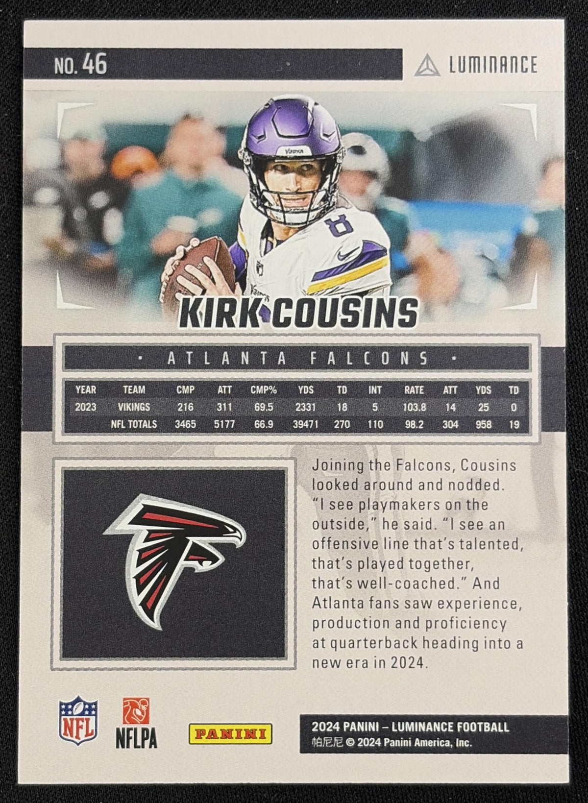 Kirk Cousins 2024 Panini Luminance Gold /299 Falcons sports trading card back