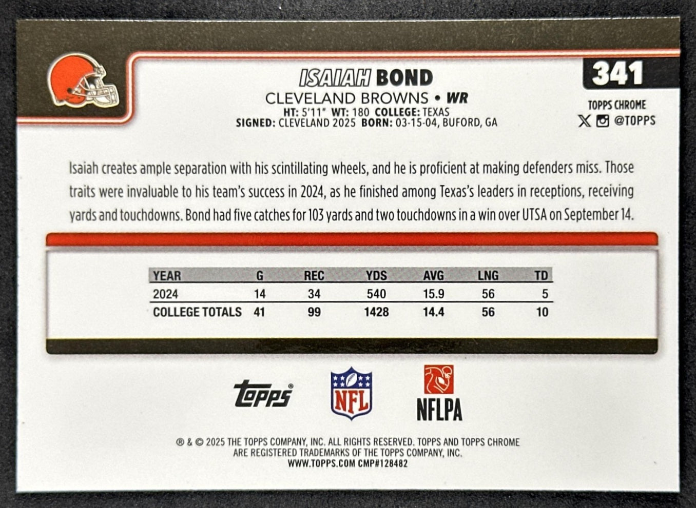 Isaiah Bond 2025 Topps Chrome Lightboard Logo Variation Browns Sports Trading Cards