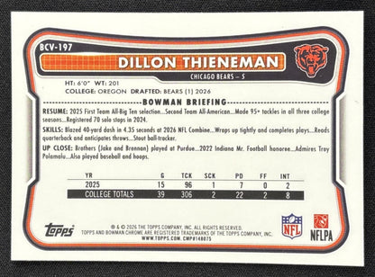 Dillon Thieneman 2026 Bowman Chrome NFL Speckle Refractor Bears Sports Trading Card