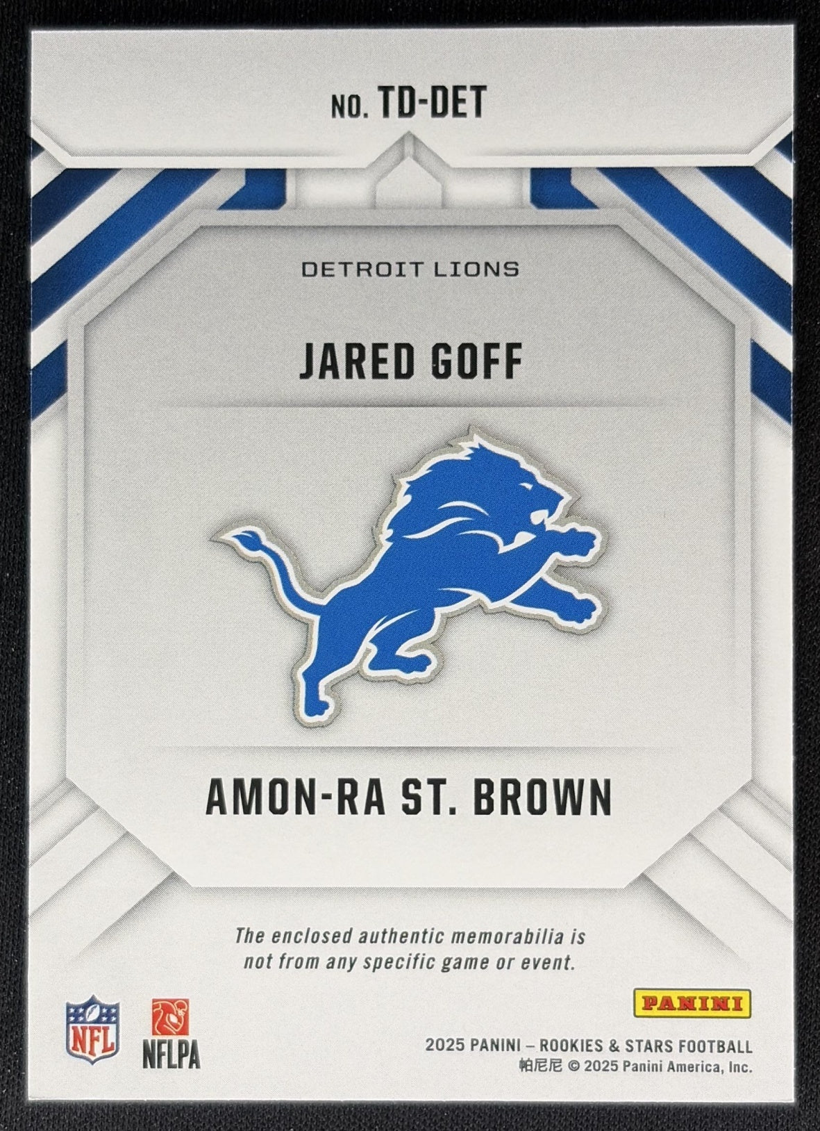 Amon-Ra St. Brown Jared Goff 2025 Panini Rookies & Stars Team Duals Lions back