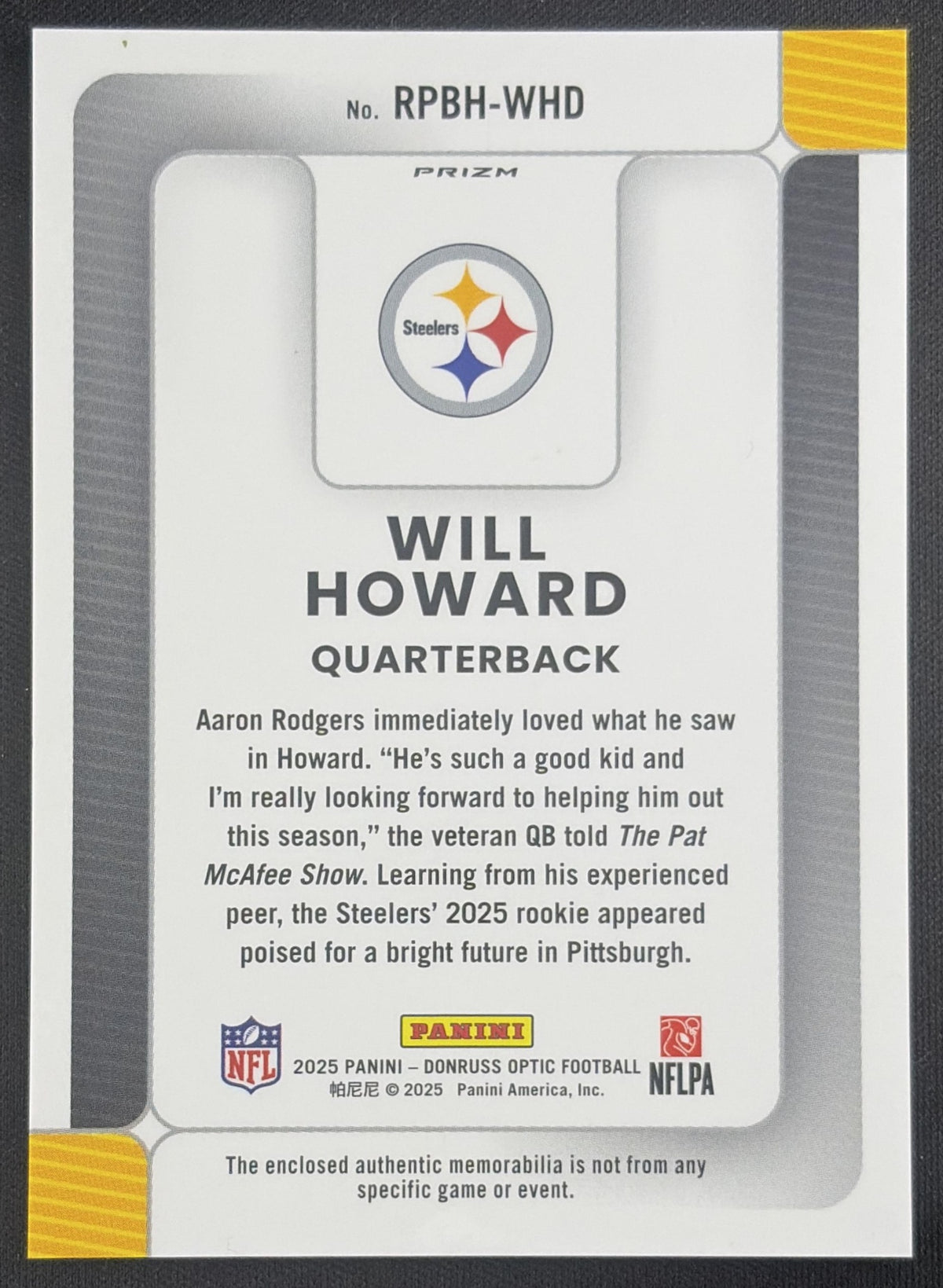 Will Howard 2025 Panini Donruss Optic Rookie Phenoms Blue Hyper Prizm Steelers