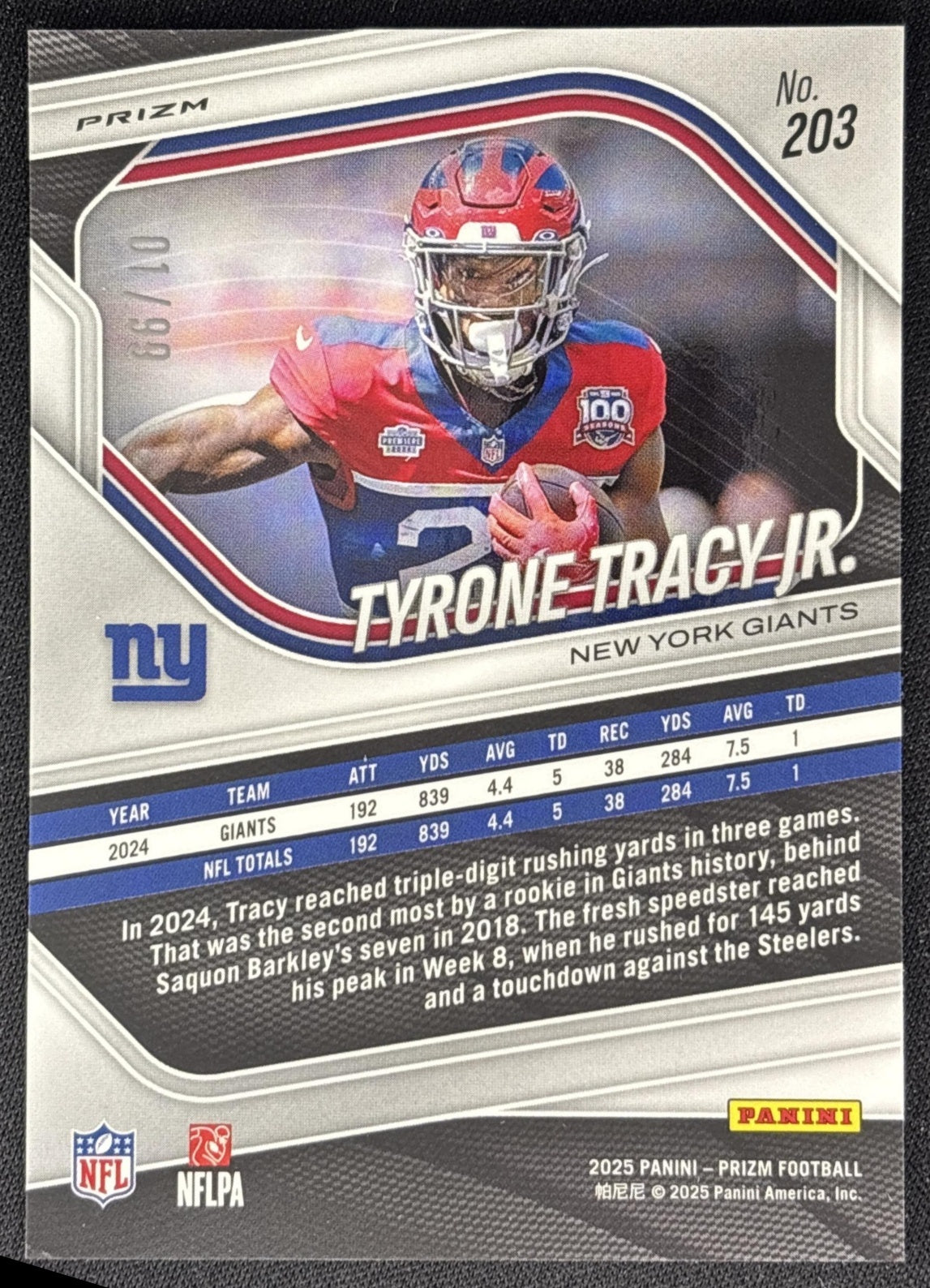 Tyrone Tracy Jr. 2025 Panini Prizm Blue Ice /99 Giants back