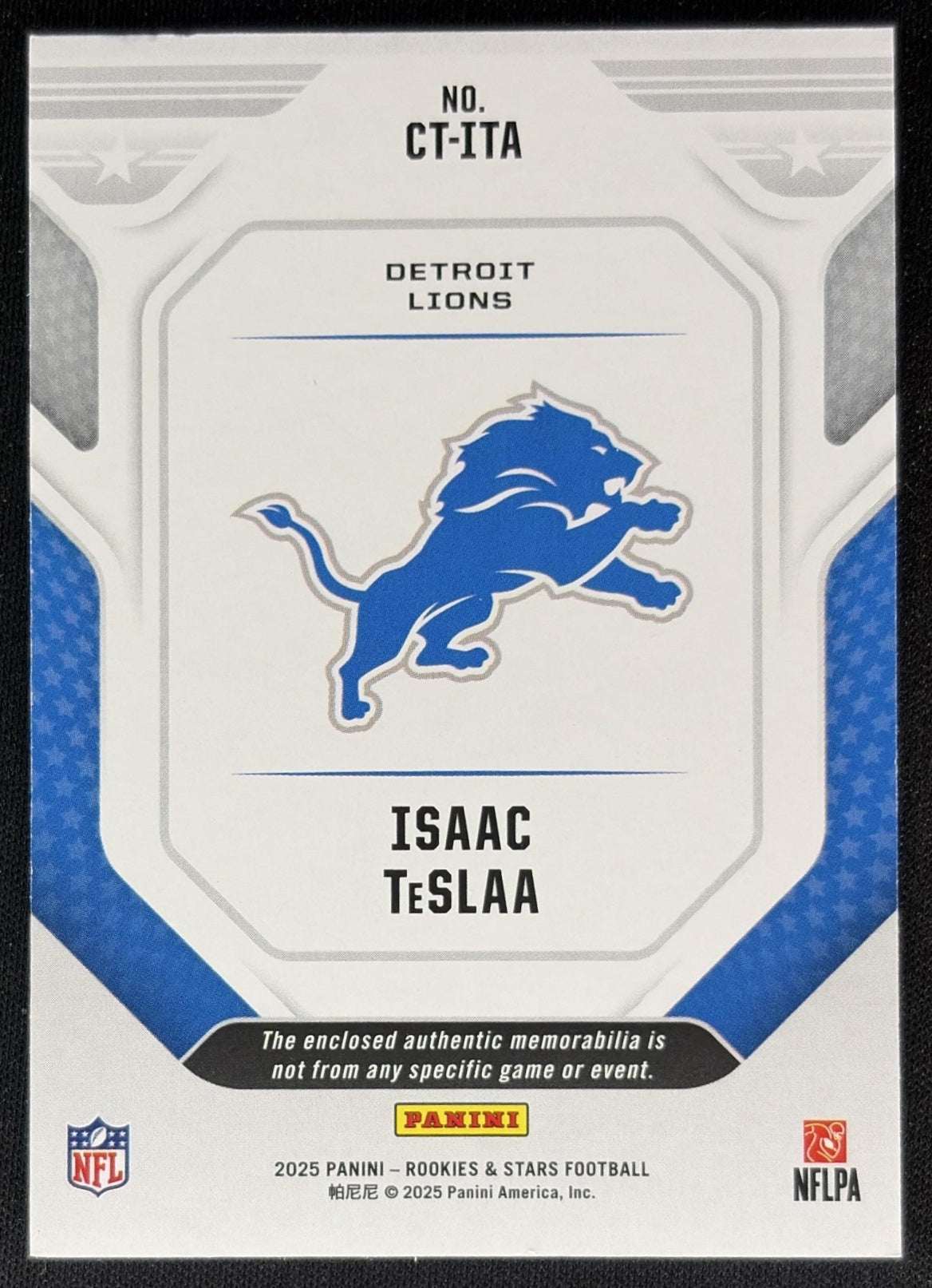 Isaac TeSlaa 2025 Panini Rookies & Stars Cross Training Lions Back