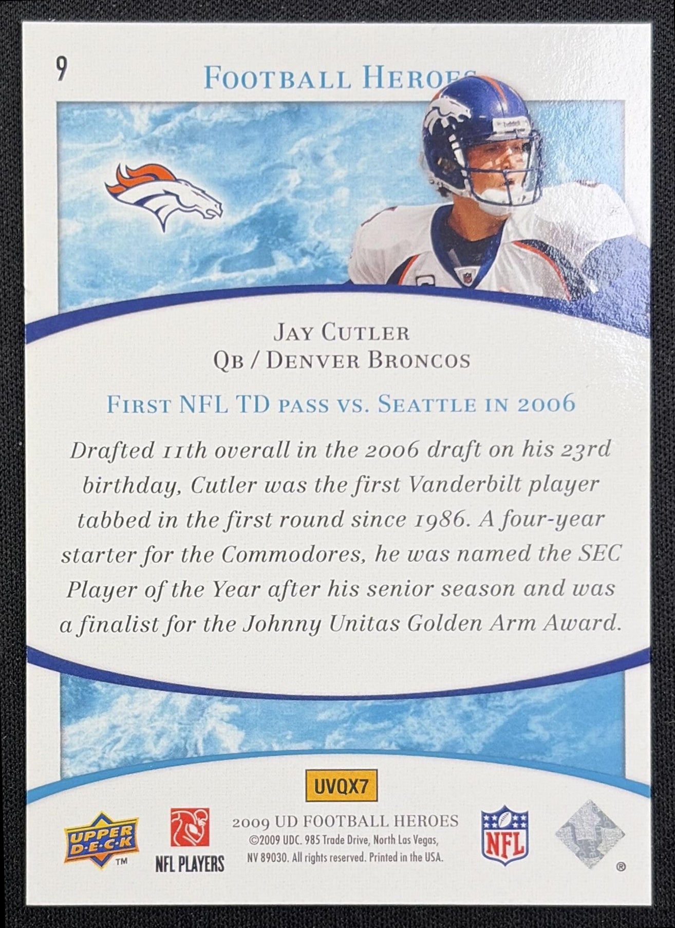 Jay Cutler 2009 Upper Deck Heroes Blue /99 Broncos back