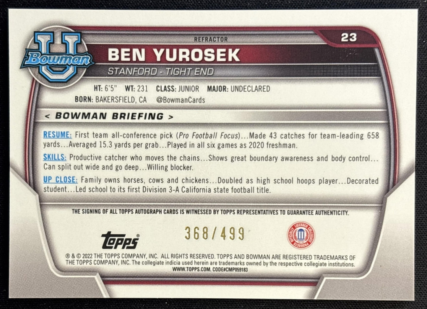 Ben Yurosek 2022 Bowman University Chrome Prospect Auto Refractor /499 back