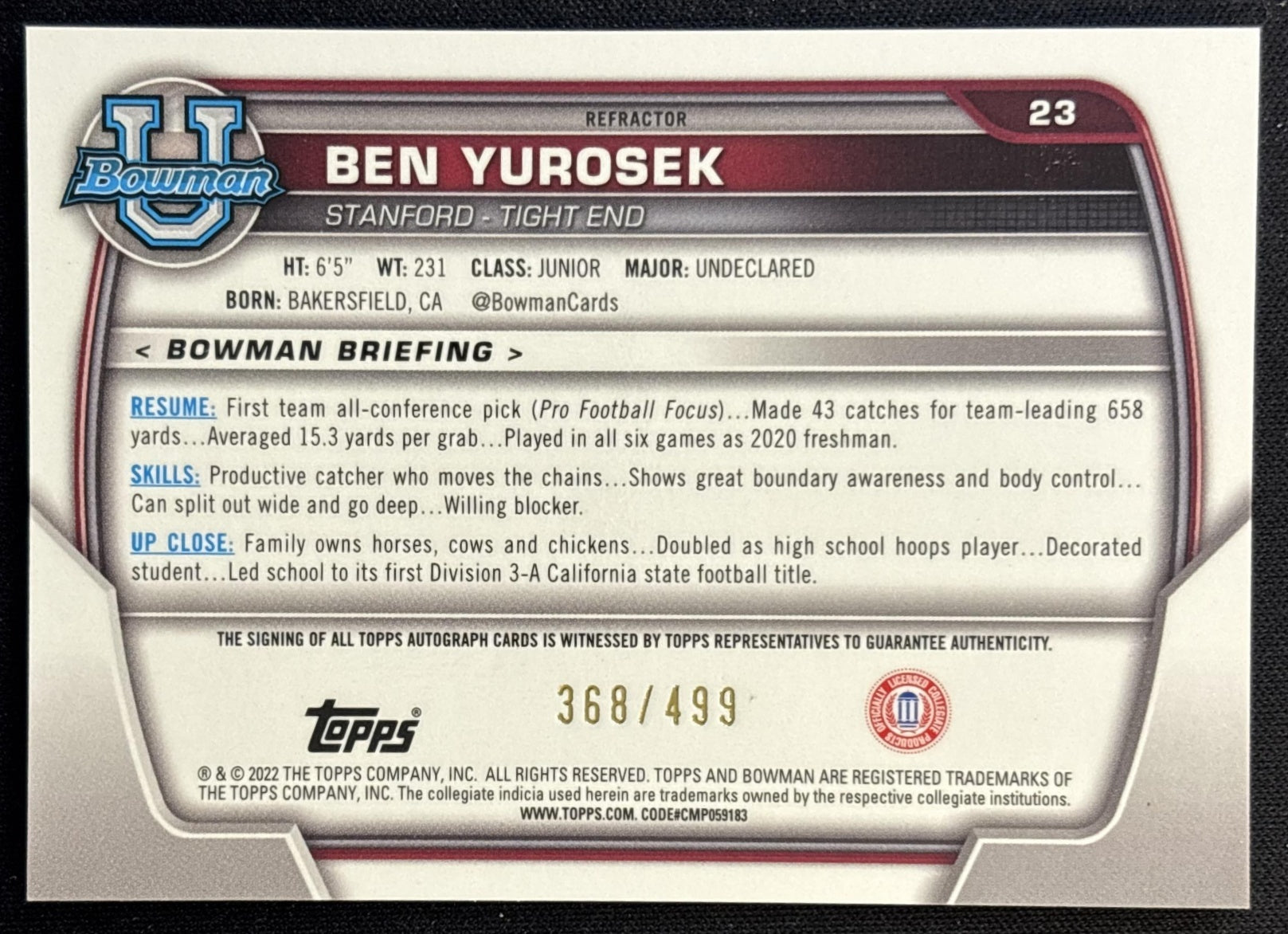 Ben Yurosek 2022 Bowman University Chrome Prospect Auto Refractor /499 back