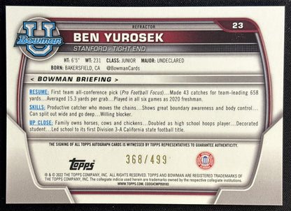 Ben Yurosek 2022 Bowman University Chrome Prospect Auto Refractor /499 back