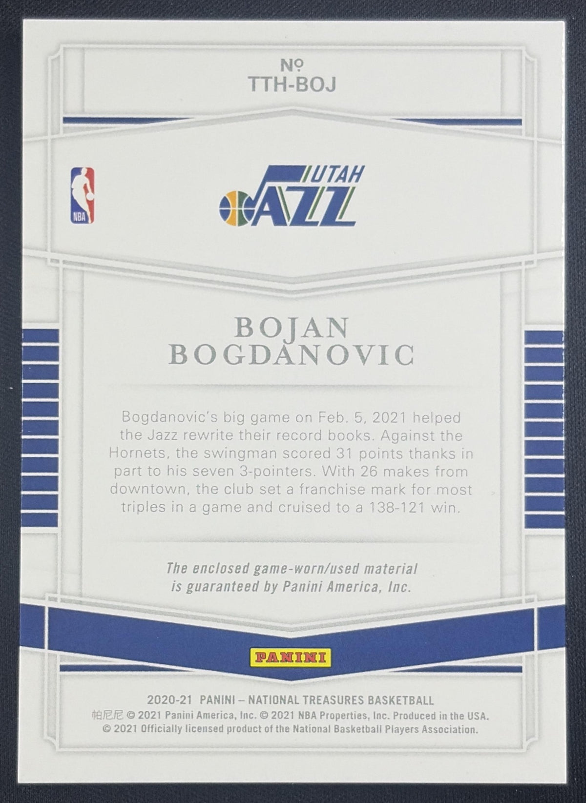 Bojan Bogdanovic 2020 Panini National Treasures Treasured Threads /99 Jazz Utah Jazz Sports Trading Card